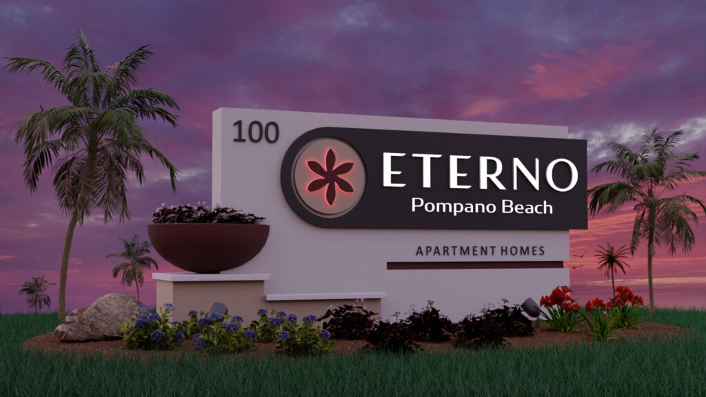 Illuminated Monument Sign 3D Render during dusk with tropical background